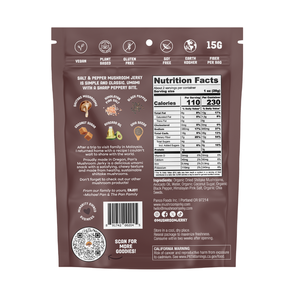 Pan's Mushroom Jerky salt and pepper flavored mushroom jerky slices on a white background.