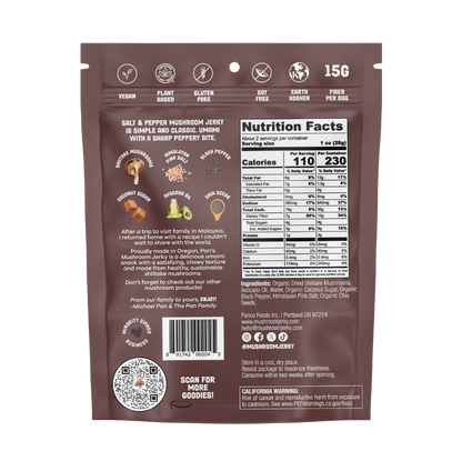 Pan's Mushroom Jerky salt and pepper flavored mushroom jerky slices on a white background.