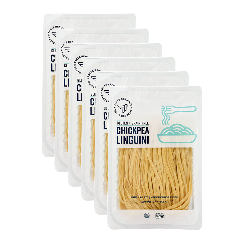 Taste Republic gluten-free chickpea linguini pasta pack with six organic grain-free packages displayed in the image.