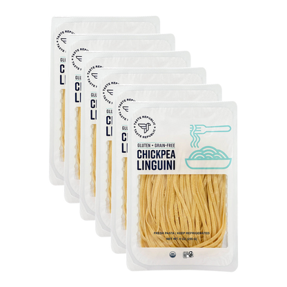 Taste Republic gluten-free chickpea linguini pasta pack with six organic grain-free packages displayed in the image.