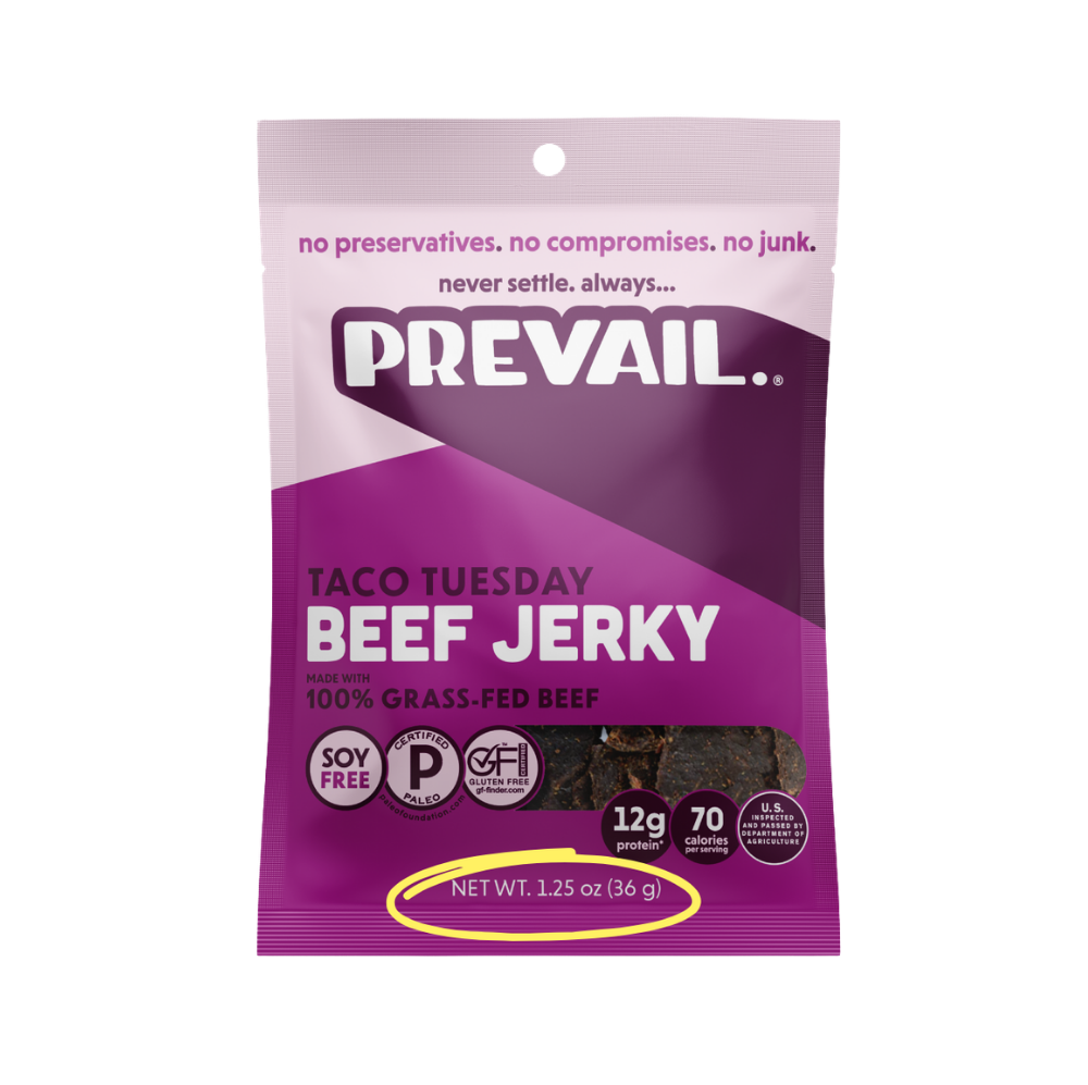 PREVAIL Jerky Taco Tuesday Beef Jerky single serve 1.25 oz pack, showing individual jerky pieces in the 8-pack box.