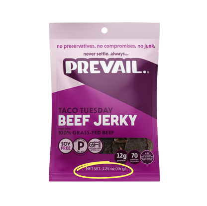 PREVAIL Jerky Taco Tuesday Beef Jerky single serve 1.25 oz pack, showing individual jerky pieces in the 8-pack box.