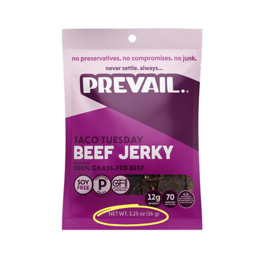 PREVAIL Jerky Taco Tuesday Beef Jerky single serve 1.25 oz pack, showing individual jerky pieces in the 8-pack box.