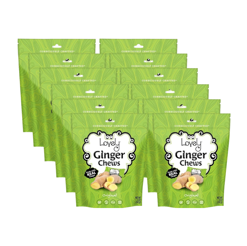 Close-up of Lovely Candy Company Ginger Chews showing the chewy, golden ginger candies in clear packaging.