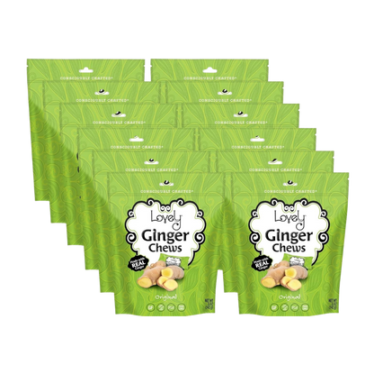 Close-up of Lovely Candy Company Ginger Chews showing the chewy, golden ginger candies in clear packaging.