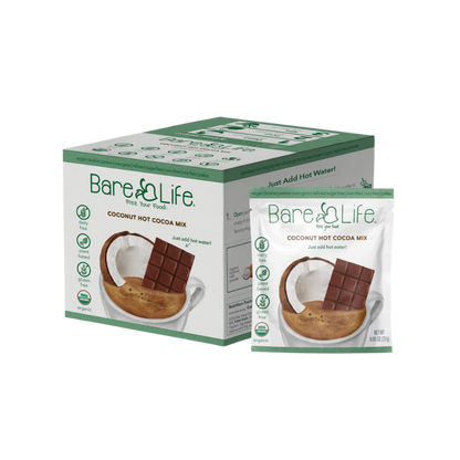 Bare Life dairy-free coconut hot cocoa mix in a 20-pack, featuring packets of rich, creamy hot chocolate with coconut flavor.