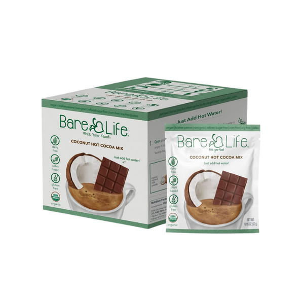 Bare Life dairy-free coconut hot cocoa mix in a 20-pack, featuring packets of rich, creamy hot chocolate with coconut flavor.