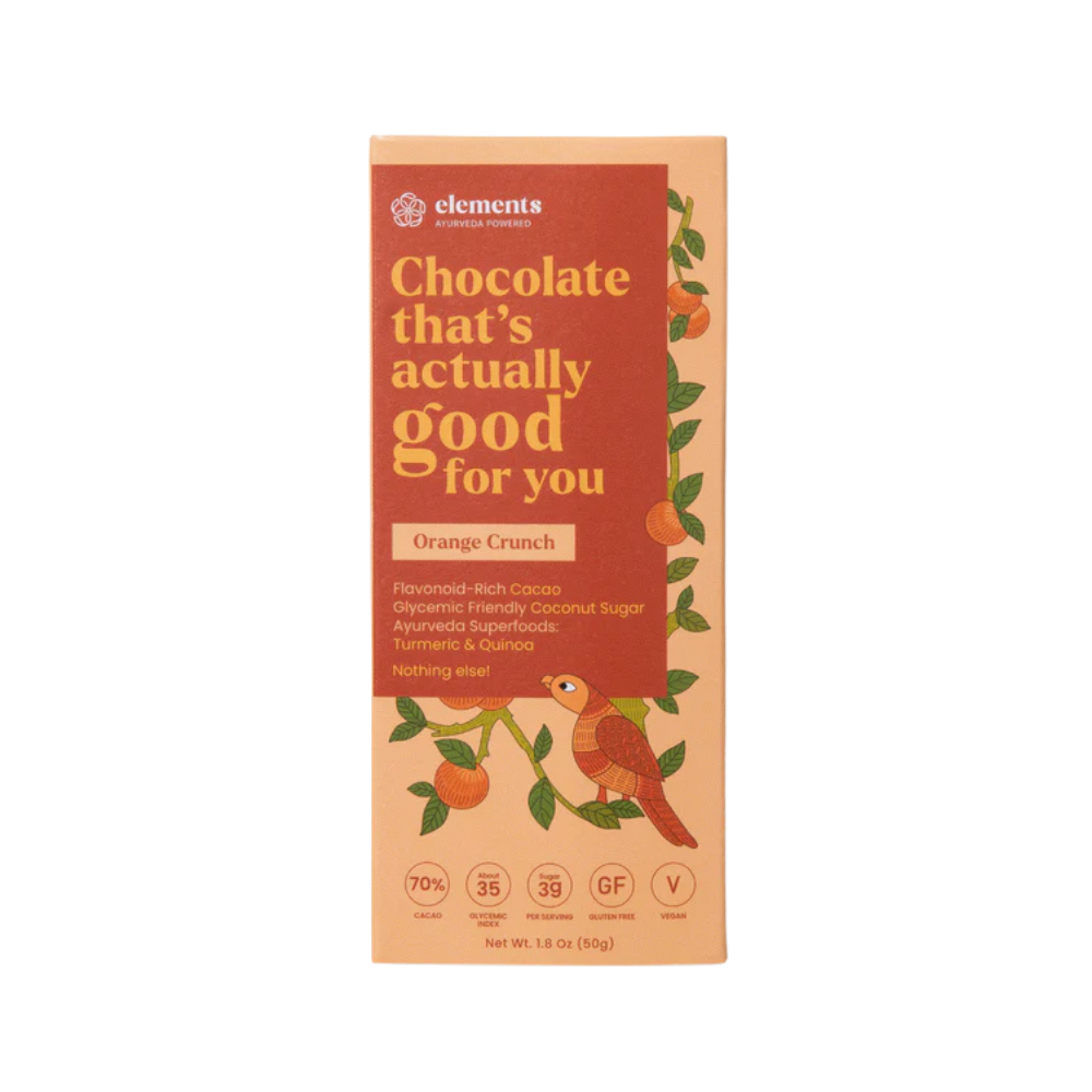 Elements Truffles Orange Crunch chocolates with a textured orange-flavored chocolate coating and crunchy filling.