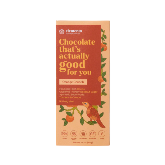 Elements Truffles Orange Crunch chocolates with a textured orange-flavored chocolate coating and crunchy filling.