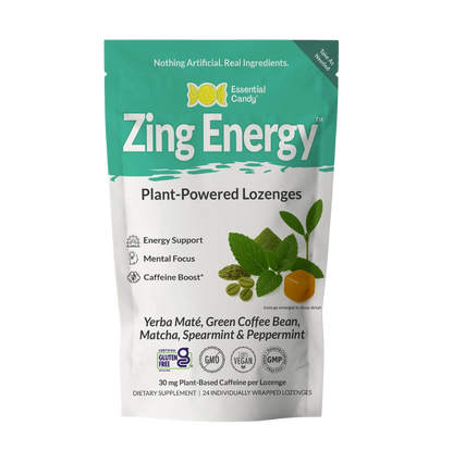 Essential Candy Zing Energy botanical lozenges in a clear package, highlighting herbal supplement ingredients and vibrant packaging.