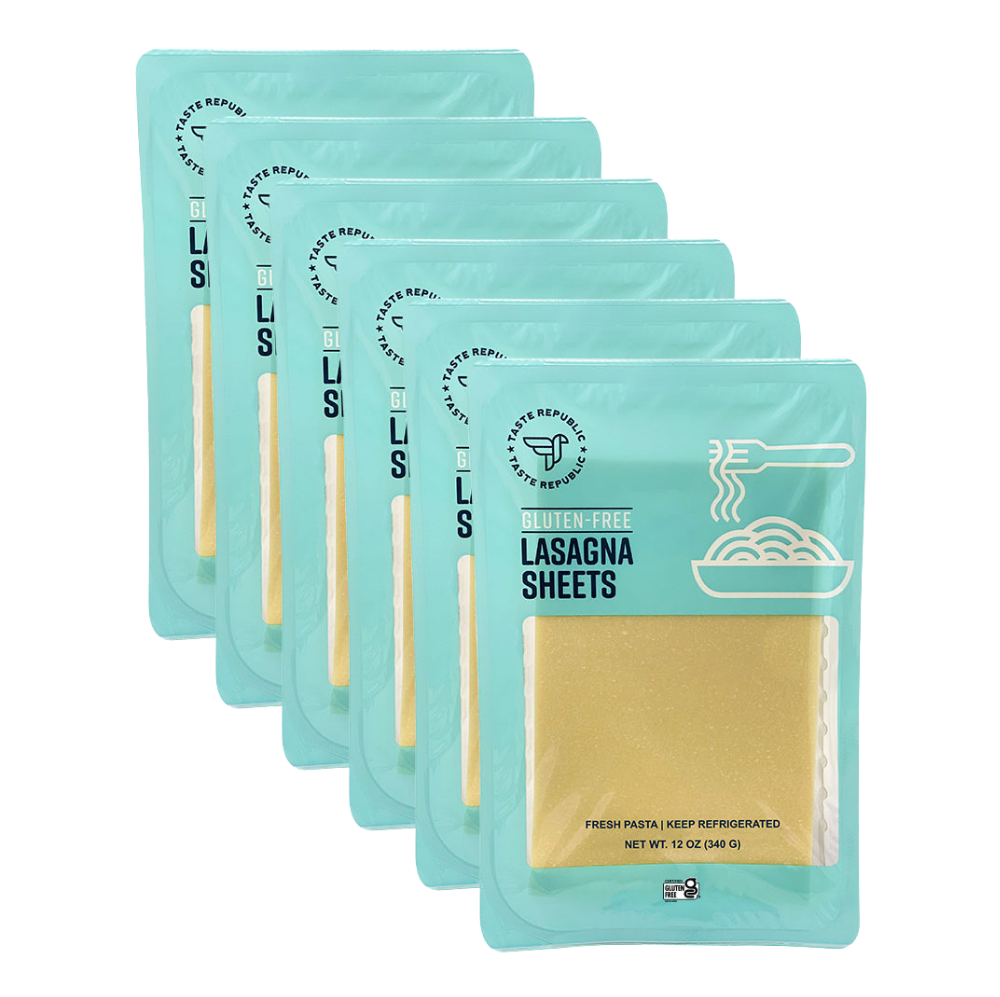 Taste Republic gluten-free lasagna sheets in a 6-pack, fresh pasta with broad, flat layers perfect for homemade lasagna.