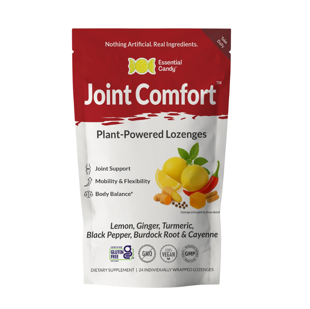 Essential Candy Joint Comfort botanical lozenges dietary supplement package with colorful label and product details.