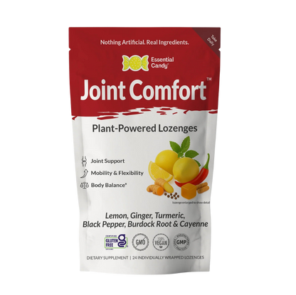 Essential Candy Joint Comfort botanical lozenges dietary supplement package with colorful label and product details.