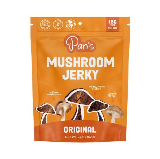 Pan's Mushroom Jerky package showing dried mushroom slices and branding on the front of the product.