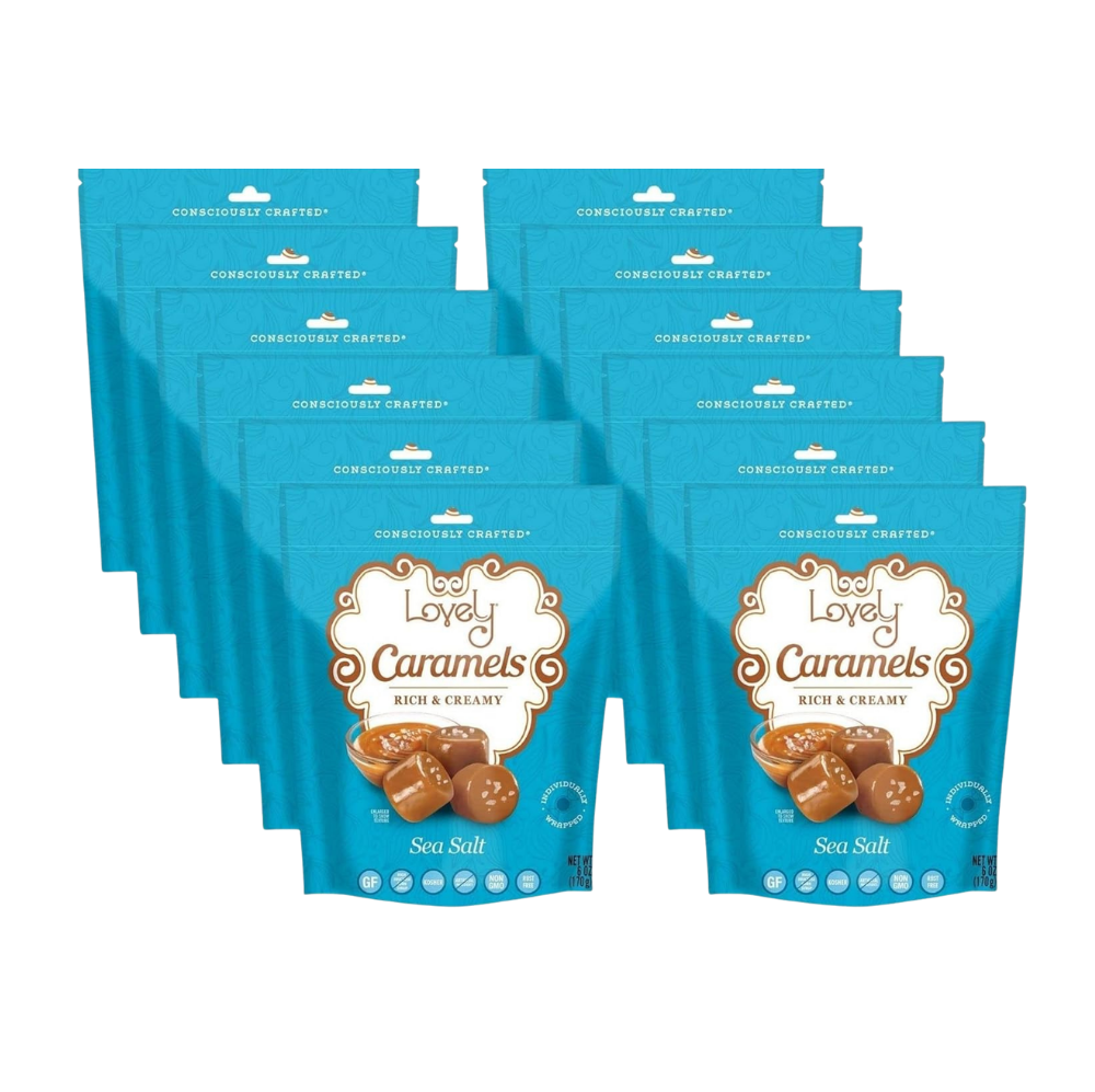Sweet Lovely Candy Sea Salt Caramels in a clear box showing golden-brown caramel squares with sea salt crystals.