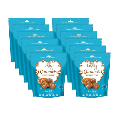 Sweet Lovely Candy Sea Salt Caramels in a clear box showing golden-brown caramel squares with sea salt crystals.