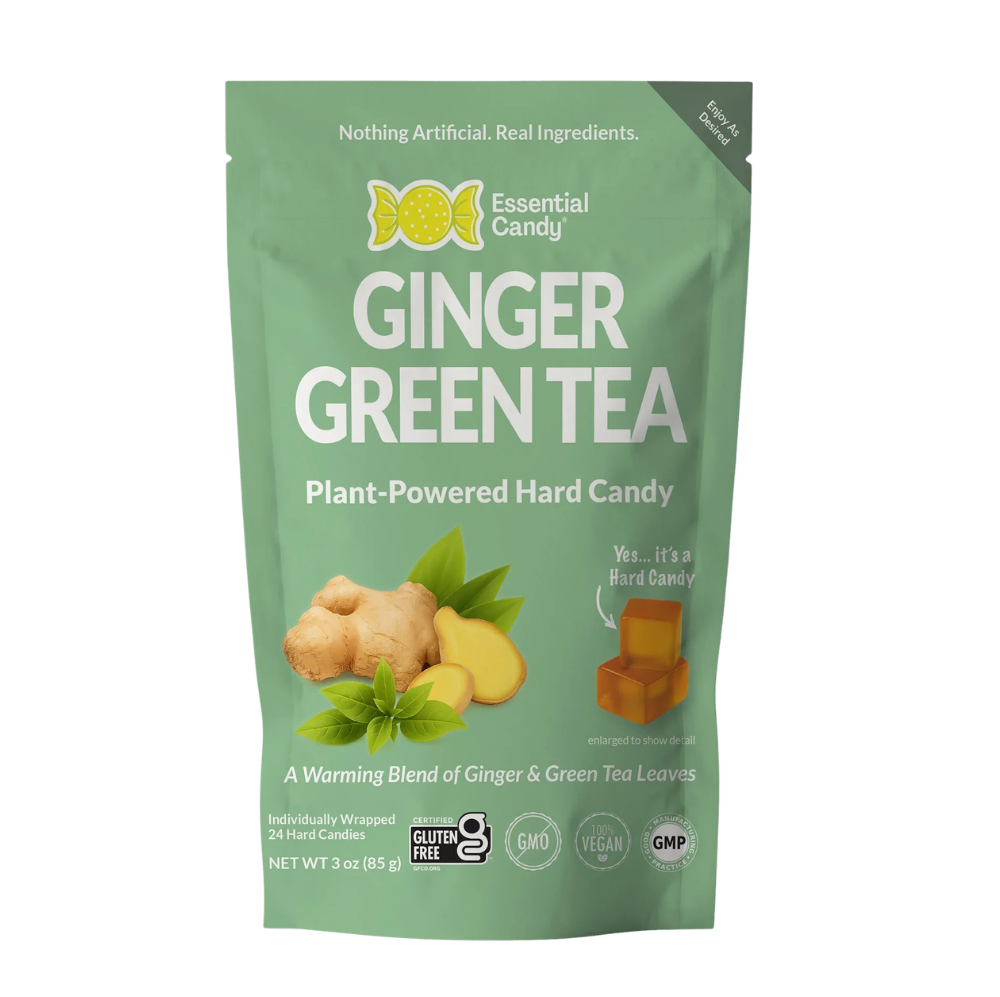 Essential Candy Ginger Green Tea botanical lozenges in clear hard candy form, showcasing green tea and ginger flavor.