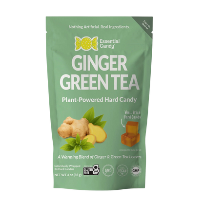Essential Candy Ginger Green Tea botanical lozenges in clear hard candy form, showcasing green tea and ginger flavor.