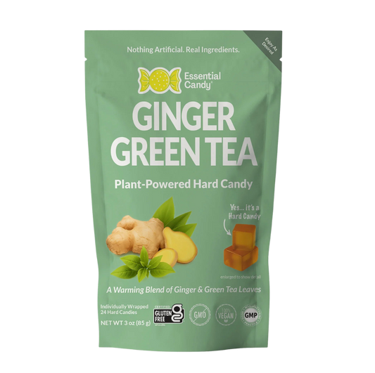 Essential Candy Ginger Green Tea botanical lozenges in clear hard candy form, showcasing green tea and ginger flavor.