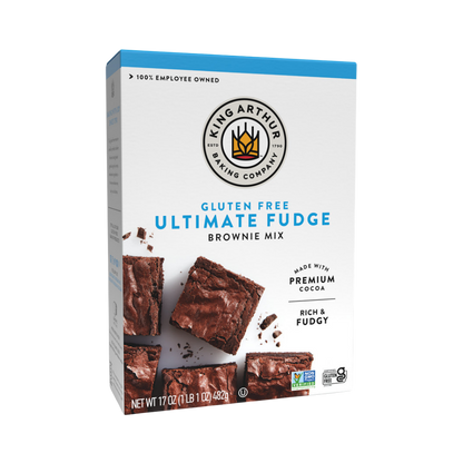 Box of King Arthur Fudge Brownie Mix showing the packaging with images of rich, chocolate brownies and baking instructions.
