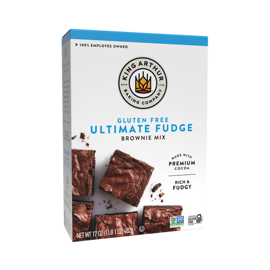 Box of King Arthur Fudge Brownie Mix showing the packaging with images of rich, chocolate brownies and baking instructions.