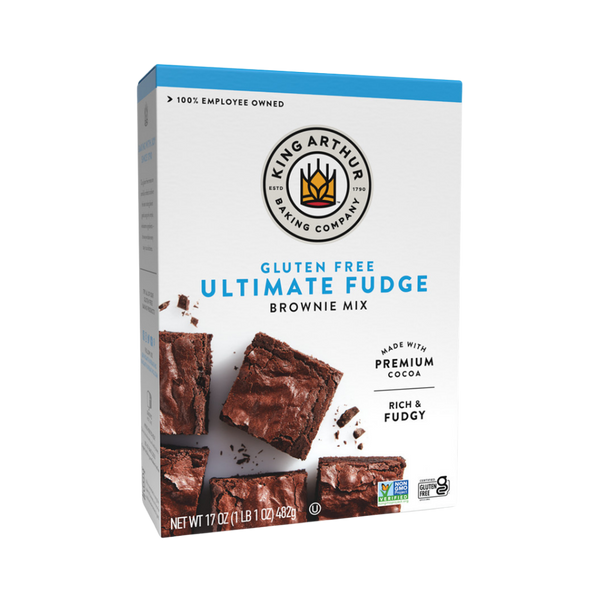 Box of King Arthur Fudge Brownie Mix showing the packaging with images of rich, chocolate brownies and baking instructions.