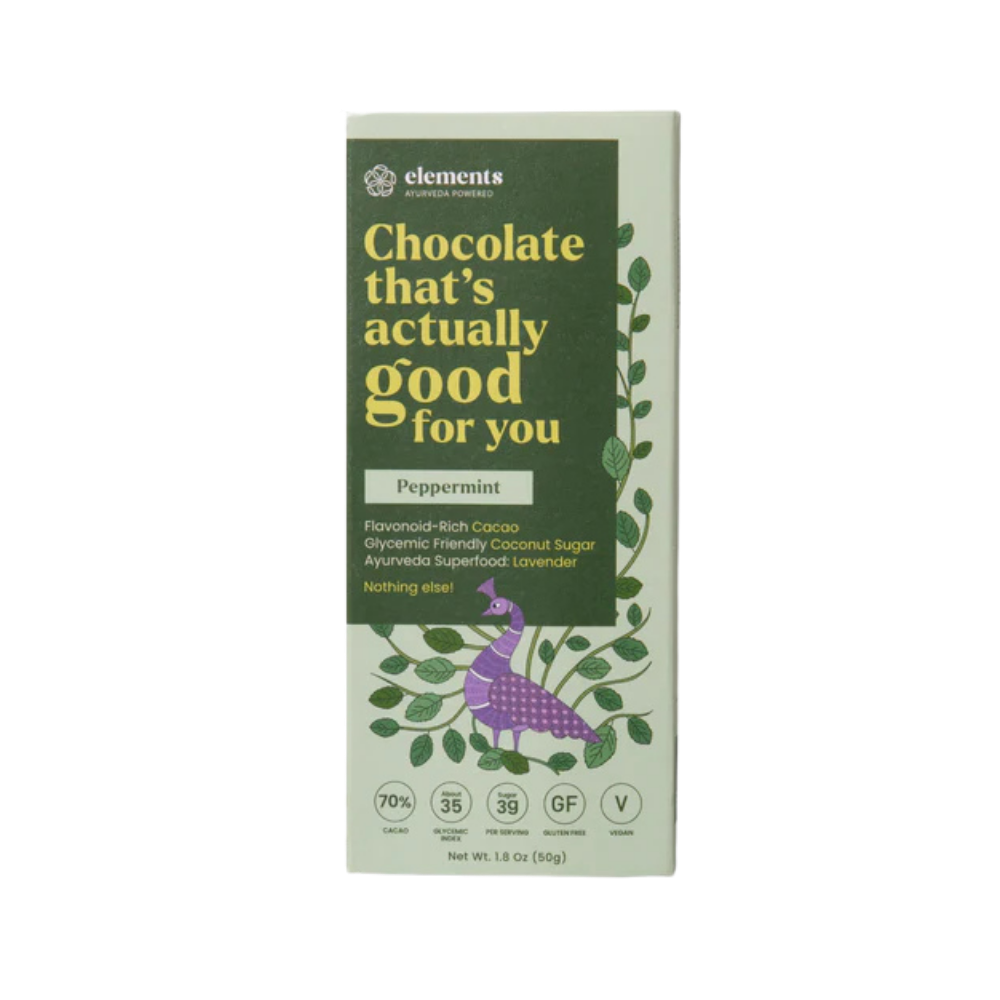 Elements Truffles Peppermint chocolates in a box, showcasing smooth dark chocolate with peppermint filling inside.