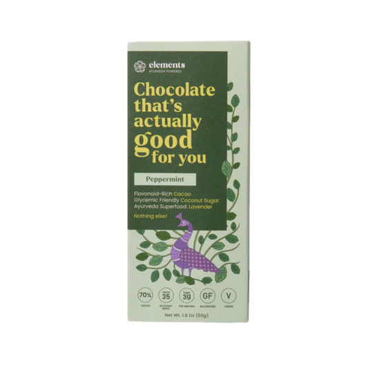 Elements Truffles Peppermint chocolates in a box, showcasing smooth dark chocolate with peppermint filling inside.