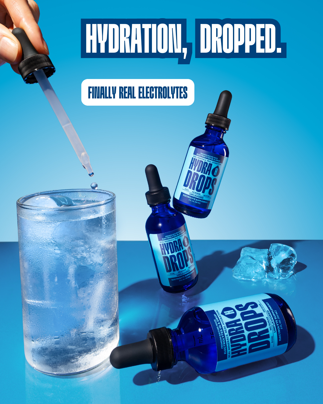 Hydra Hydration Hydra Drops sea mineral electrolyte drops in a clear bottle with a dropper for hydration and mineral replenishment.