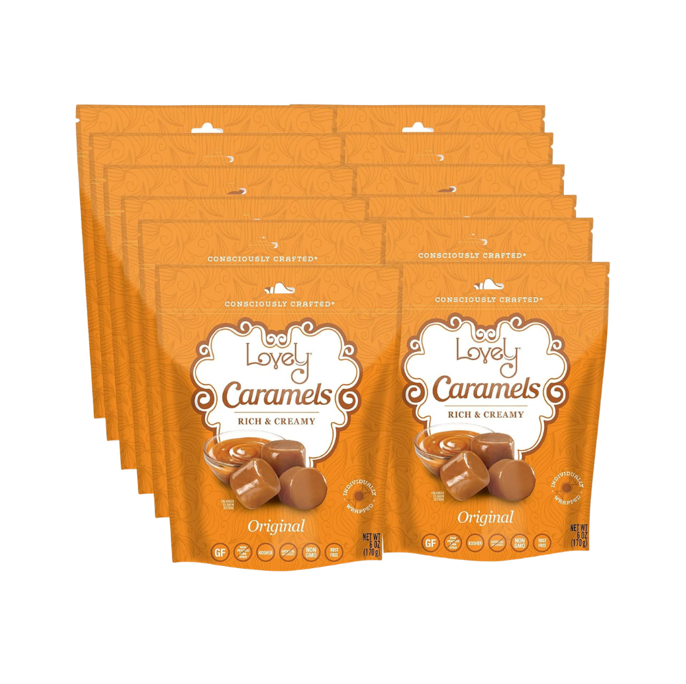 Assorted Lovely Candy Original Caramels displayed in a clear bowl, showcasing their rich, golden-brown caramel color.