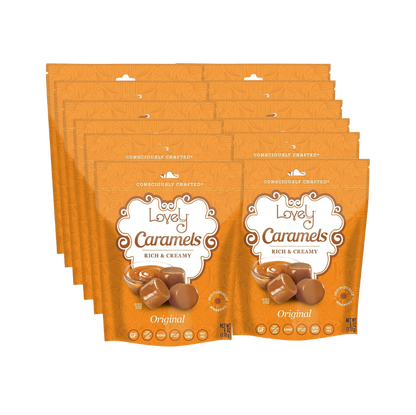 Assorted Lovely Candy Original Caramels displayed in a clear bowl, showcasing their rich, golden-brown caramel color.