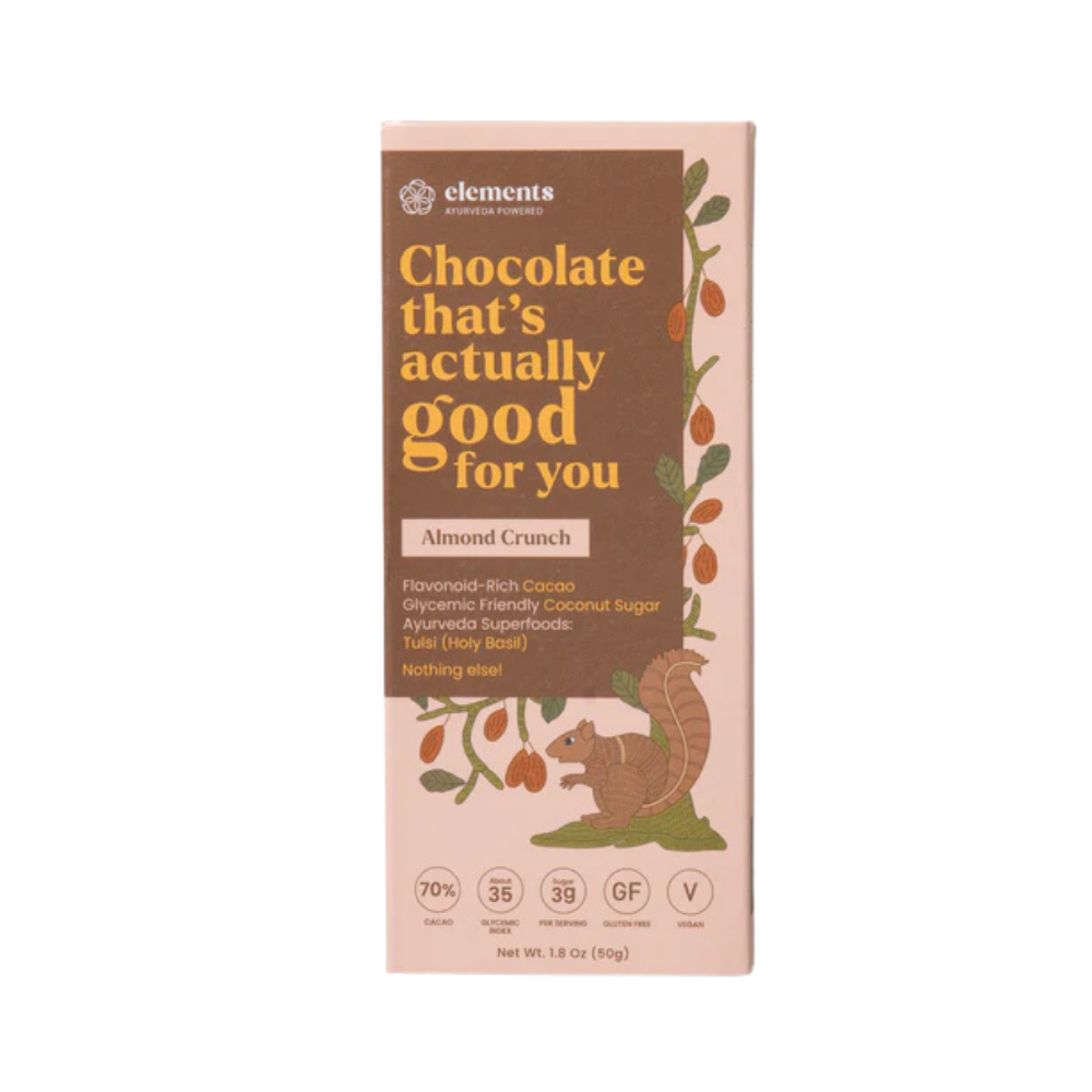 Elements Truffles Almond Crunch chocolates with visible almond pieces and smooth chocolate coating on a white background.