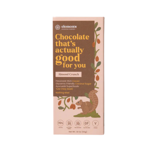 Elements Truffles Almond Crunch chocolates with visible almond pieces and smooth chocolate coating on a white background.
