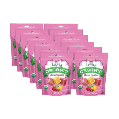 Organic chewy candies from Lovely Candy Company, colorful and fruity, showcasing the vibrant, individually wrapped sweets.