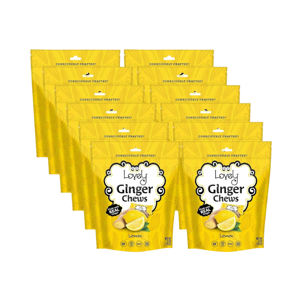 Lovely Candy Company lemon ginger chews, individually wrapped ginger candies with bright lemon flavor and chewy texture.