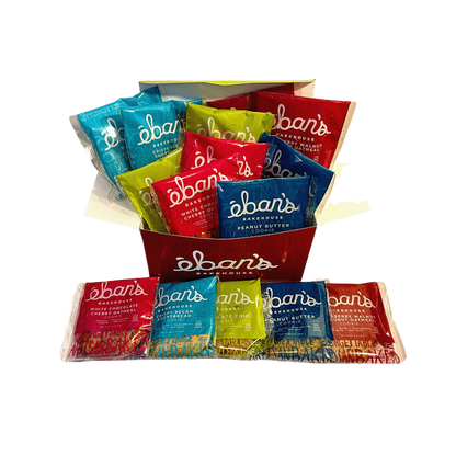 Eban’s Bakehouse gluten-free cookie variety pack with 15 assorted cookies on a wooden surface, showcasing different cookie types.