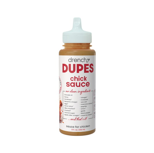 Drench Chick Sauce bottle with label, featuring vibrant design and branding, on a plain background