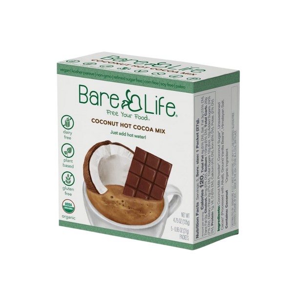 Bare Life dairy-free coconut hot cocoa mix 5-pack, featuring individual packets with coconut flavor and hot cocoa powder.