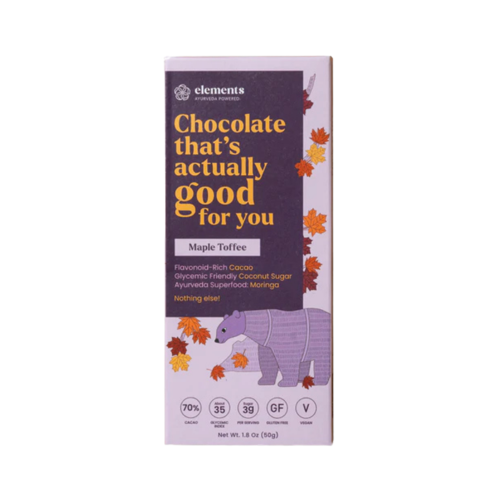 Elements Truffles Maple Toffee chocolates, close-up of rich, glossy caramel and chocolate truffle with textured surface.