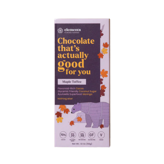 Elements Truffles Maple Toffee chocolates, close-up of rich, glossy caramel and chocolate truffle with textured surface.
