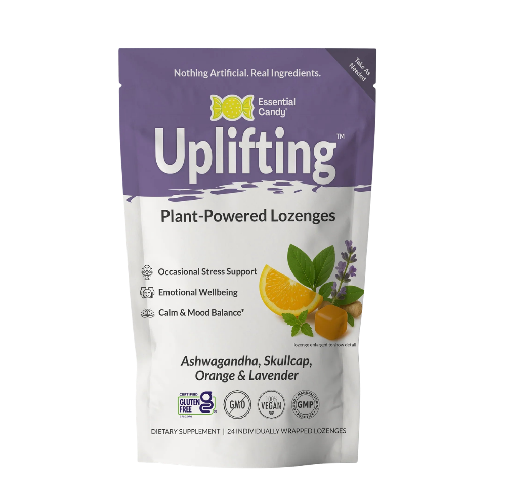 Essential Candy Uplifting botanical lozenges herbal supplements in a clear package, featuring natural ingredients and vibrant branding.