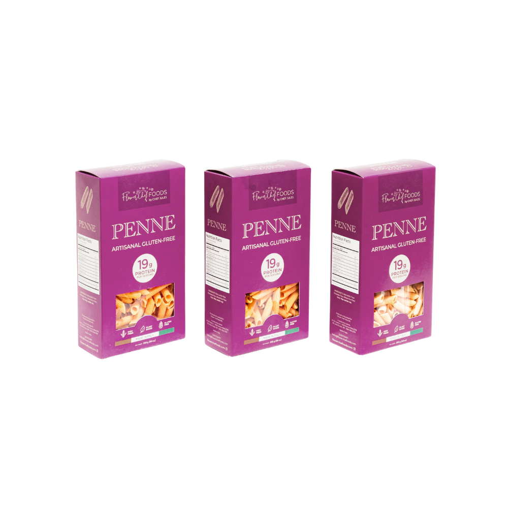 Flower Chef Foods high protein penne pasta pack of 3, showcasing uncooked pasta with a golden yellow color and smooth texture.