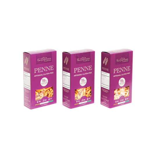 Flower Chef Foods high protein penne pasta pack of 3, showcasing uncooked pasta with a golden yellow color and smooth texture.