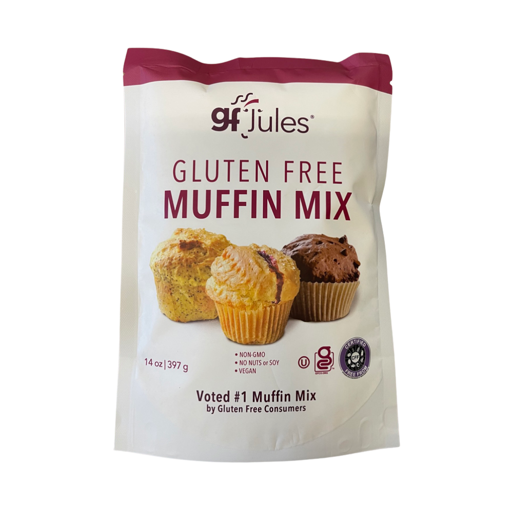Gluten-free gfJules muffin mix in a bag, showing the product packaging with images of freshly baked muffins.