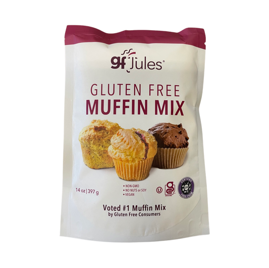 Gluten-free gfJules muffin mix in a bag, showing the product packaging with images of freshly baked muffins.