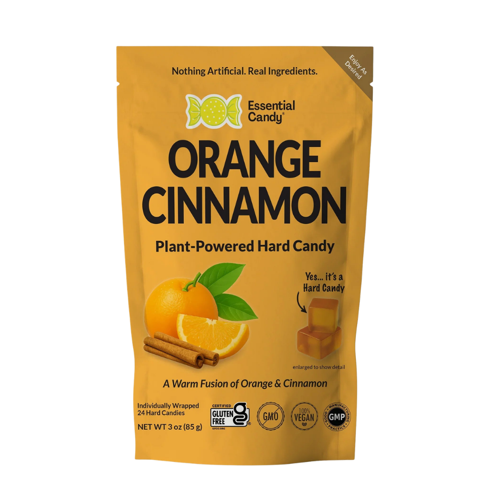 Essential Candy Orange Cinnamon Botanical Lozenges hard candy in orange and cinnamon flavors, with a vibrant, colorful package.