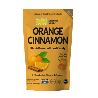 Essential Candy Orange Cinnamon Botanical Lozenges hard candy in orange and cinnamon flavors, with a vibrant, colorful package.