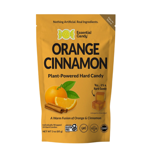 Essential Candy Orange Cinnamon Botanical Lozenges hard candy in orange and cinnamon flavors, with a vibrant, colorful package.