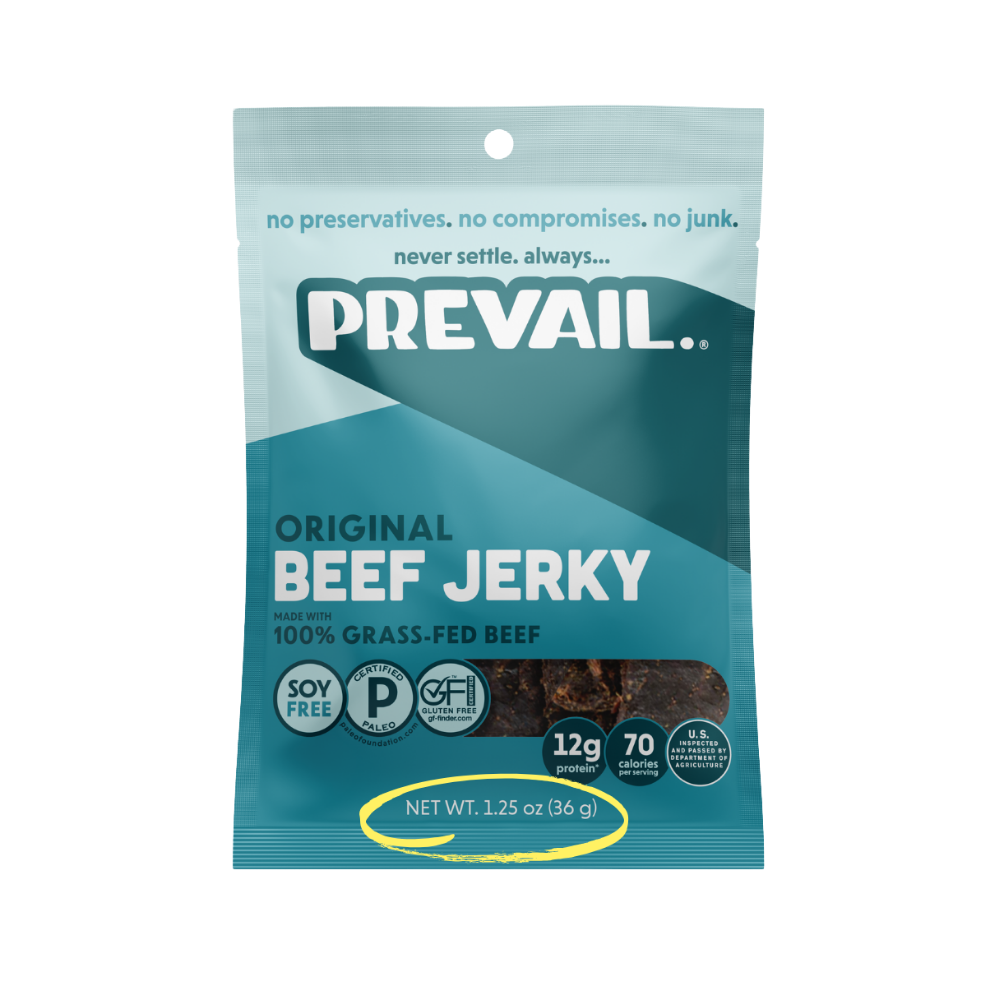 PREVAIL Jerky Original Beef Jerky single serve pack, showing eight individually wrapped beef jerky portions on a white background.