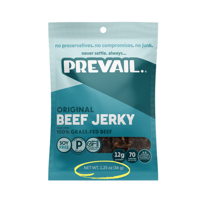 PREVAIL Jerky Original Beef Jerky single serve pack, showing eight individually wrapped beef jerky portions on a white background.